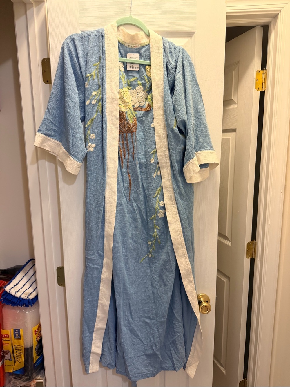 Light Blue Embroidered Robe with Cream Trim floral